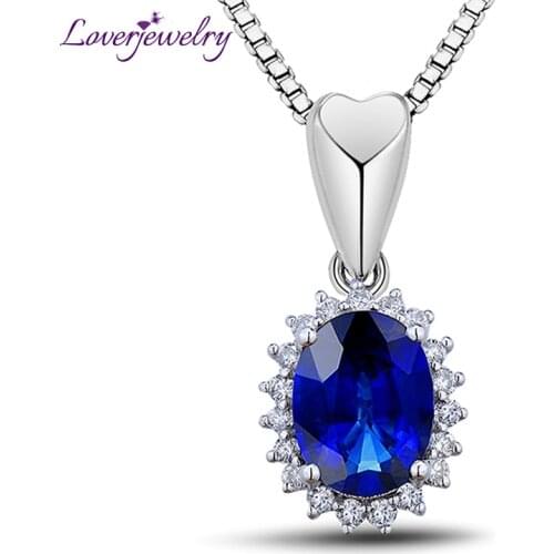 LOVERJEWELRY Pendants Jewelry Oval Cut 6x8mm Sapphire Real 18Kt White Gold Natural Diamond Sapphire Engagement Pendant For Women