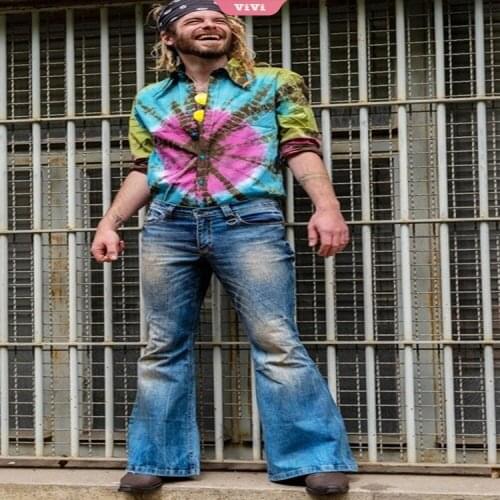 Mens Flared Loose Jeans Boots Legs Distressed Patchwork Jeans New Punk Stlye Flared Jeans Denim Trousers