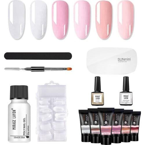 Nail Extension Gel Set Quick-drying Nail Polish Kit 6pcs Crystal Extension Glue,Cleaning Fluid,Frustration Strip,100 Model Nail