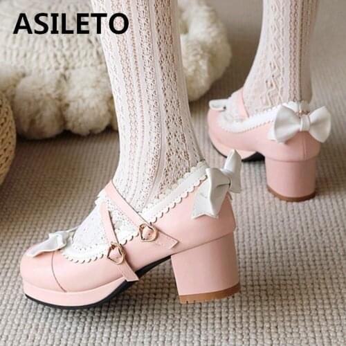 ASILETO New 2021 Pumps Round Toe 5.5cm Block Heels Buckle Bowtie Lace Cute Sweet Lolita Crystal Bling Big Size 43 Party B2375