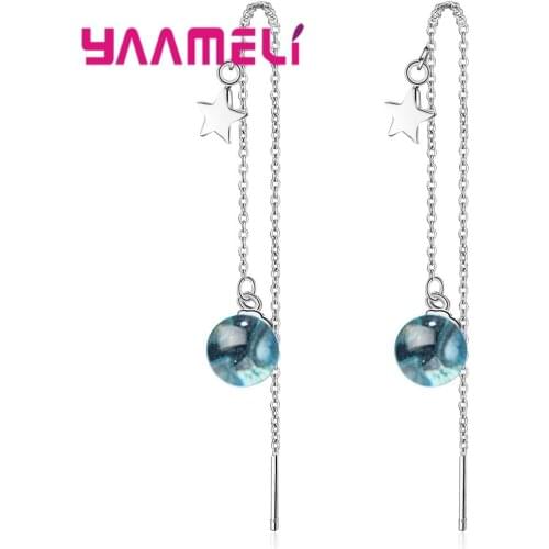 New Fashion Women Girls Long Thread Earrings 925 Sterling Silver with Blue CZ Stone Star Design Charm Tassel Jewelry