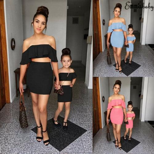 Family Matching Mother Daughter Outfits Women Kids Girl Solid Ruffle Crop Tops Slim Skirt Summer Off Shoulder Mini Dress Set