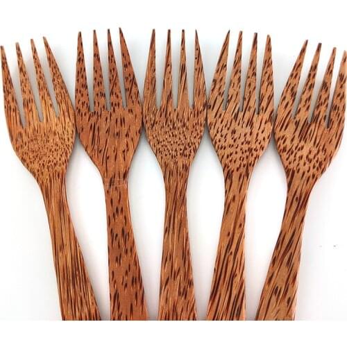 Natural Wooden Coconut Fork Spoon Set Organic Coconut Palm Wood Cutlery Fruit Vagan Salad Forks for Coconut Shell Bowl Cutlery