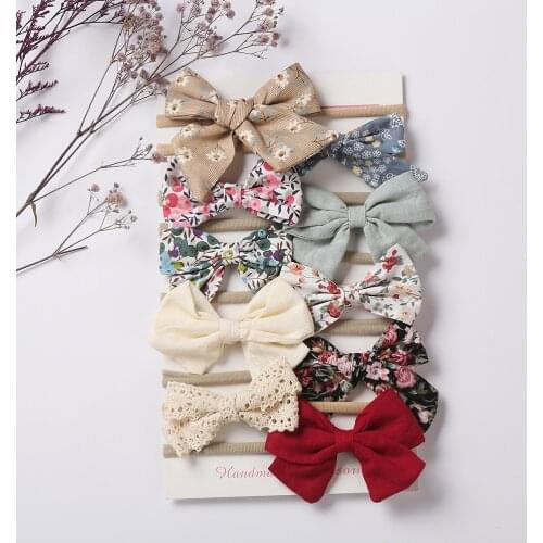 10Pcs/Lot Flower Print Bowknot Nylon Headband Fabric Cloth Elastic Hair Bow Bands Baby Boys Girls Headwear Fashion Accessories