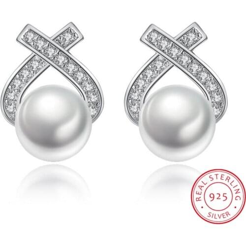 Simple Fashion 925 Sterling Silver Zirconia Triangle Simulated Pearl Stud Earrings For Women S-E248