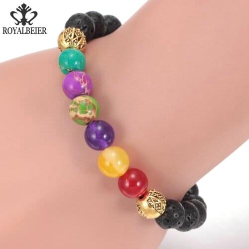 RoyalBeier Wholesale 2017 Fashion Men Bangle Bracelet Mixed Natural Stone Beads Chain Budda Bracelets For Women