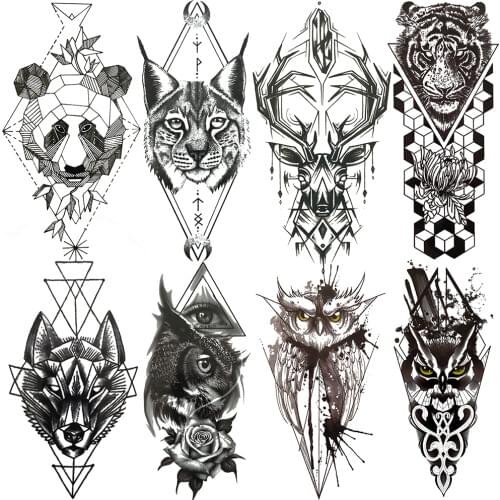 Geometric Panda Fake Temporary Tattoo For Women Men Diamond Tiger Owl Tattoos Sticker Hands Spray Black Elk Waterproof Tatoos