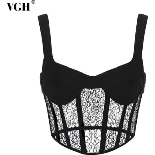 VGH Sexy Tank Tops For Women Square Collar Sleeveless Patchwork Lace Perspective Solid Vests Female 2021 Summer Clothing Fashion