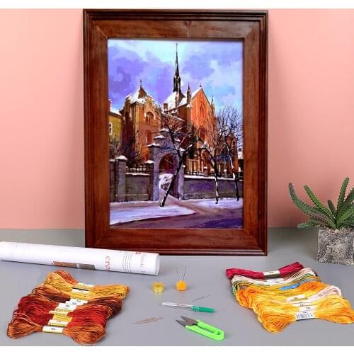 Landscape Winter In Lviv Printed Water-Soluble Canvas 11CT Cross Stitch Kit Embroidery DMC Threads Sewing Hobby Package