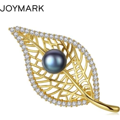 Cubic Zirconia Leaf Shape Gray Black Pink Natural Freshwater Pearl Brooches Pins for Women 925 Sterling Silver Jewelry JPPB201