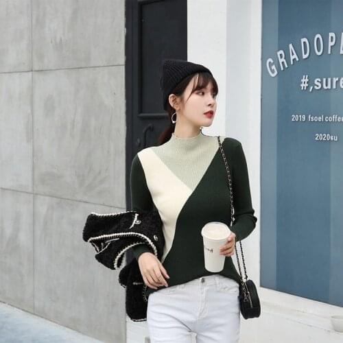 2021 Spring Autumn New Half Turtleneck Stitching Sweater Womens Long Sleeved Slimming Bottoming Shirt Knitted Fashion Top