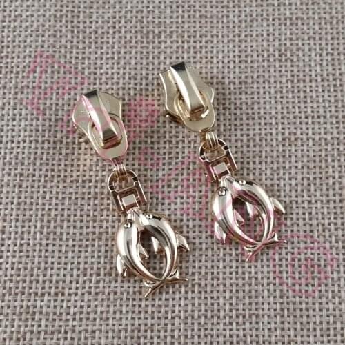 20pcs/lot, 3# 5# Golden Metal Zipper Slider with Double Dolphins Pulls DIY Garment Accessories