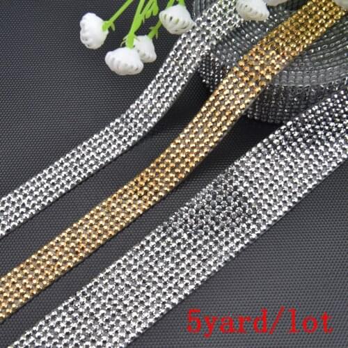 5 Yards/Lot Iron on Resin Rhinestone Trim Hot Fix Applique 5/10 Rows Ribbon Wedding Decoration Banding Silver/Gold Color Tape