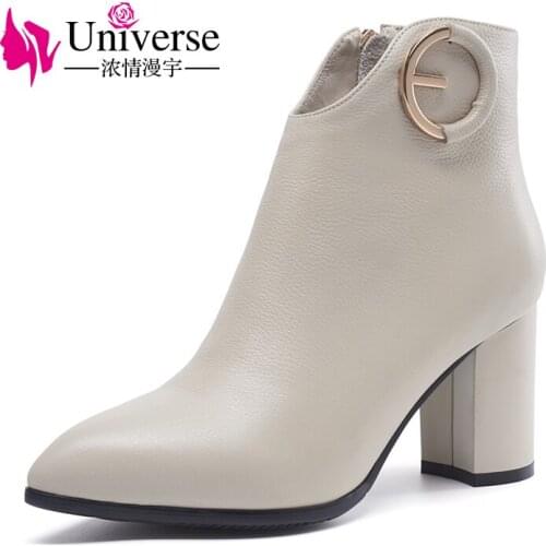 Universe genuine leather high heel boots women winter shoes pointed toe ankle ladies boots G293