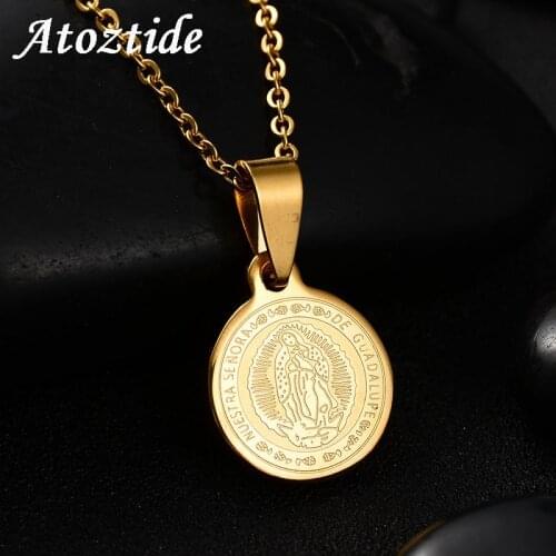 Atoztide Religious Stainless Steel Virgin Guadalupe Coin Necklace & Pendant Women Catholic Classic Round Gold Chain Necklace