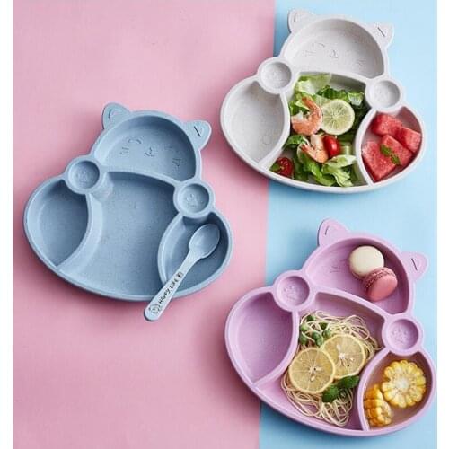 Kids Cartoon Cat Dishes Plate Set Wheat Straw Solid Food Feeding Children Spoon Fork Plate Durable Dish Dinner Lunch Tray Set