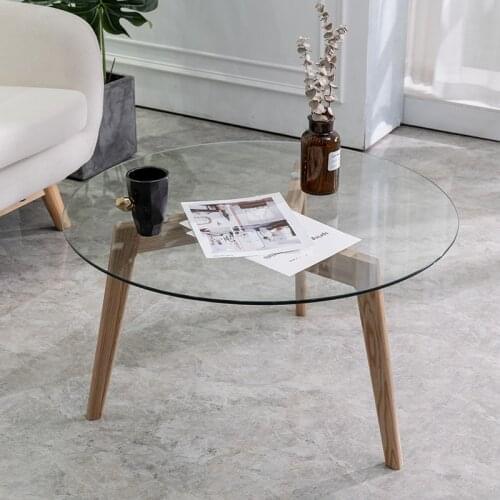 Creative mirror round table tempered glass coffee table sofa side end table with solid wood legs larger table 80X45cm