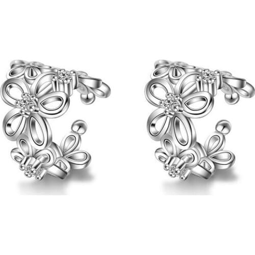 Fashion Elegant Silver Rose Gold Hollow Flower Cubic Zirconia Stone Clip Earrings for Women Wedding Jewelry