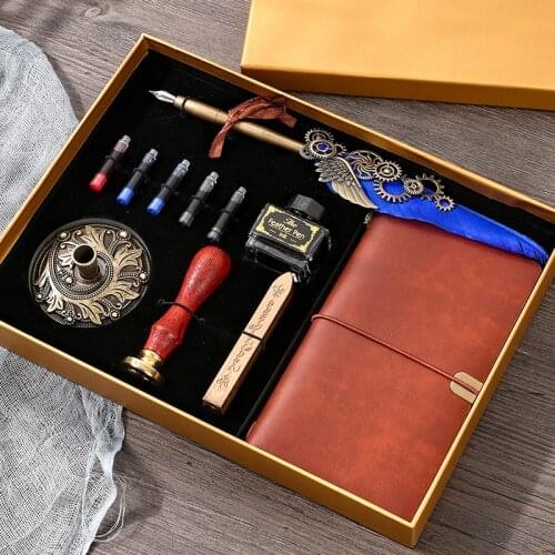 Punk style quill set Feather Pen Retro Calligraphy Pen Set Ink Bag Tube Pen Feather Notebook Fire Paint Seal Stationery Gift Box