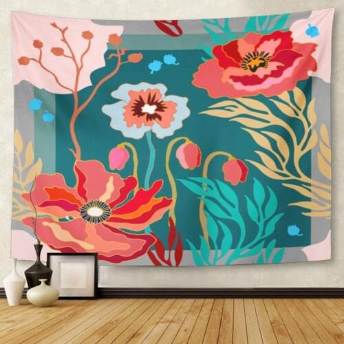 Autumn Colors Silk Scarf with Blooming Poppies Abstract Floral 1950S 1960S Motifs Retro Collection Red Tapestry Wall Hanging