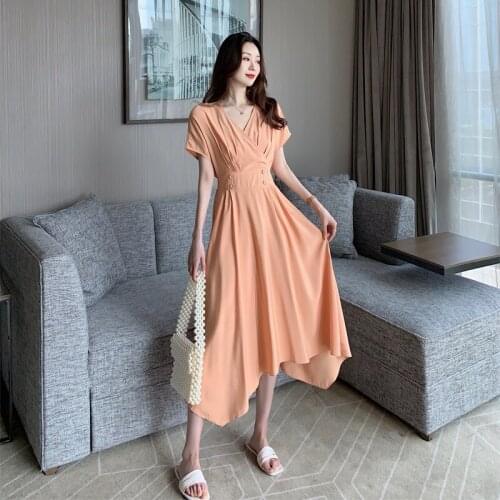 Maxi Dress Womens Cross V-neck High-waist Mid-length Dress Irregular French Long Dress Pure Color Short Sleeve Chiffon Dress