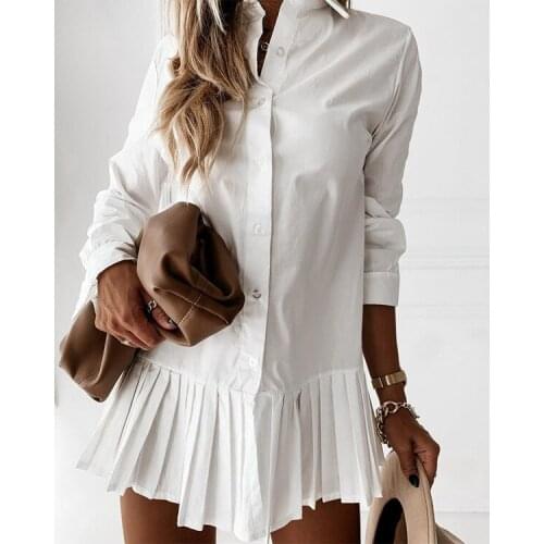 Dress Women Summer New 2021 Button Turn Down Collar Slild Color Pressure Plait Girl Dresses Casual Vestidos BLK3211