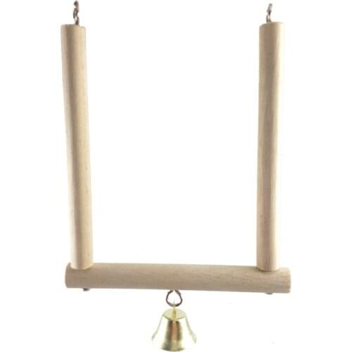 Parrot Birds Natural Wooden Play Toy Stand Holder Swing Bell Cage Pet Hanging Toys