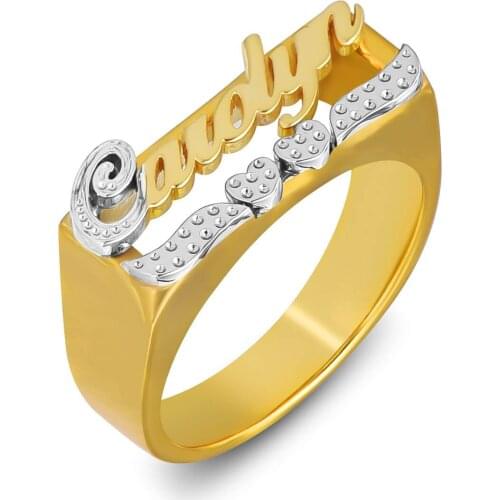 Gold Plated Personalized First Letter and Double Heart Engraving Name Ring Women Gift