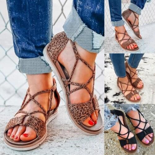 Women Sandals Shoes Leopard Print Cross Zipper Open Toes Flip Flops Flats Shoes Summer Beach Casual Large Size 35-43