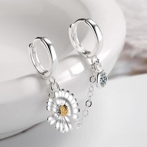KOFSAC Sweet Daisy Hoop Earrings Women 925 Sterling Silver Jewelry Vintage Zircon Two Ear Hole Earring Lady Fashion Accessories