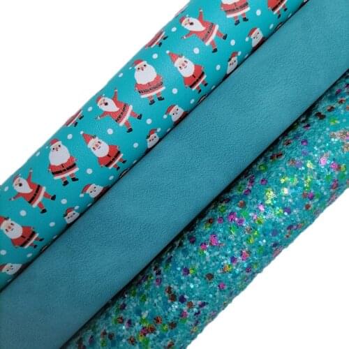 Blue Glitter leather, Santa Claus Printed Glitter Faux leather, Two Tones Suede Faux Leather Sheets For Bows DIY 21x29CM KM694