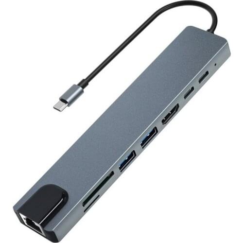 8 in 1 Aluminum Alloy VGA USB Type C To HDMI RJ45 Gigabit Ethernet Adapter 3.0 HUB Dock Hub Multi-Interface PD Charger 87W 4K