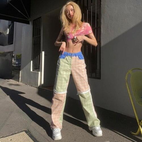 Vintage Plaid Patchwork High Waist Jeans 2021 Summer Women Cotton Fashion Casual Long Straight Pants Female Denim Trousers New