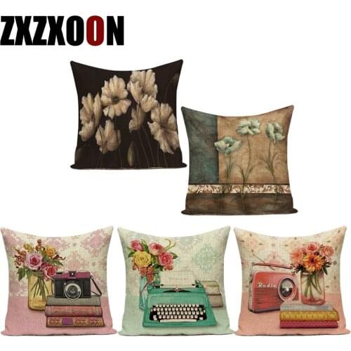 Vintage Style Camera Phonograph Phone Radio Printed Throw Pillow Case Flower Cushion Cover For Sofa Home Capa De Almofadas