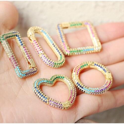 5PCS, Rainbow CZ Micro Pave Round / Heart / Oval / Rectangle Shape Clasp, Gold Color Carabiner Clasp