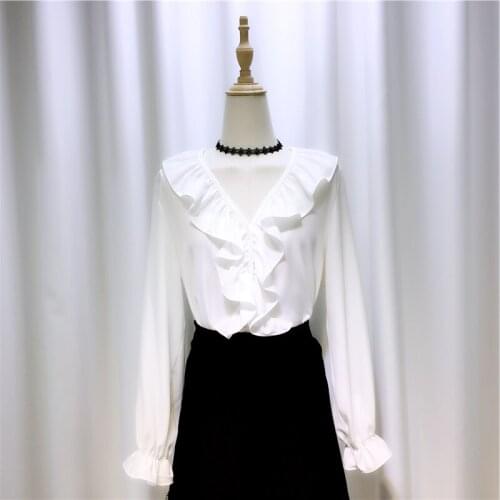 V-Neck Ruffles Solid White Women Blouse Summer New 2021 Long-Sleeved Slim Elegant Office Lady Pulls Outwear Tops