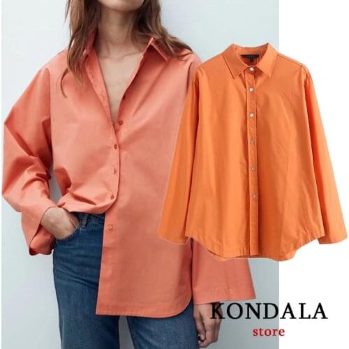 KONDALA Za 2021 Stylish Orange Oversized Long Women Shirts Fashion Autumn Office Lady V Neck Blouses Casual Mujer Tops