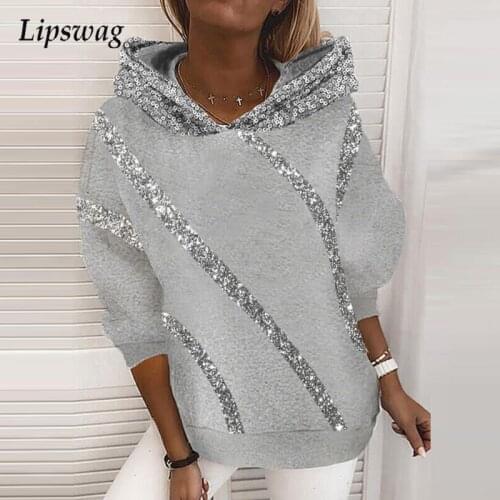 2021 Autumn New Fashion Sequin Women Hooded Sweatshirt Spring Casual Long Sleeve Tops Pullover Harajuku Female Patchwork Hoodies