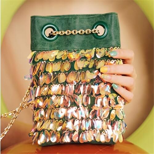 Women Mini Bags Sequins Green Pink Crossbody Shoulder Bags Retro Handbags Luxury Small Metal Chain Purse Ladies Evening Bags