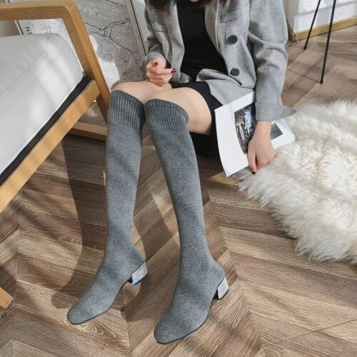 2021 New Vogue Women Stretch Sock Long Tight Boots 4cm Low Heels Lady Crystal Over The Knee High Boots Stripper Winter Warm Hot