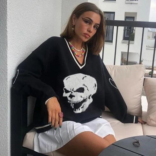 Sweater Tank Women Autumn Knitted Tank Fall Pullover Skulls Halloween Sleeveless Casual Loose V-neck Knitwear Sueter De Mujer