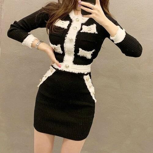 Tassel Pockets Vintage Metal Button Knit Women Pink Two Piece Set Autumn Korean Style Black Sexy Mini Bodycon Skirt and Top Set