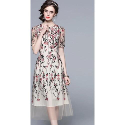 Luxuriy Women Mesh Embroidery Flower Dress Runway Elegant O Collar High Waist Casual Banquet Dress Fashion Princess Vestidos