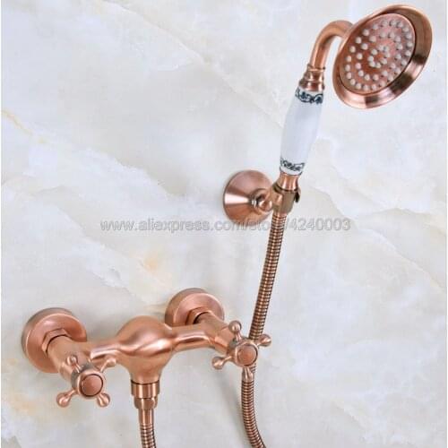 Antique Red Copper Bath Faucets Wall Mounted Bathroom Basin Mixer Tap Crane With Hand Shower Head Bath & Shower Faucet Kna296