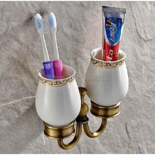Antique Brass Wall Mounted Toothbrush Holder with Two Ceramic Cups Wba495