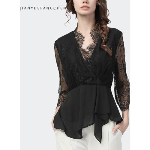 Fashion Womens 3/4 Sleeve Lace Tunic Shirt Ruffles V-Neck Hook Flower Hollow Female Summer Tops Splicing Chiffon Ladies Blouses