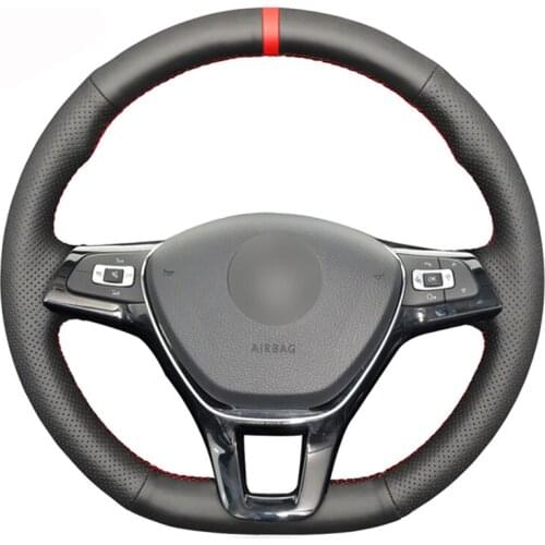 Black Leather Red Marker Car Steering Wheel Cover for Volkswagen VW Golf 7 (VII) Golf Sportsvan(SV) Polo Tiguan Allspace T-Roc