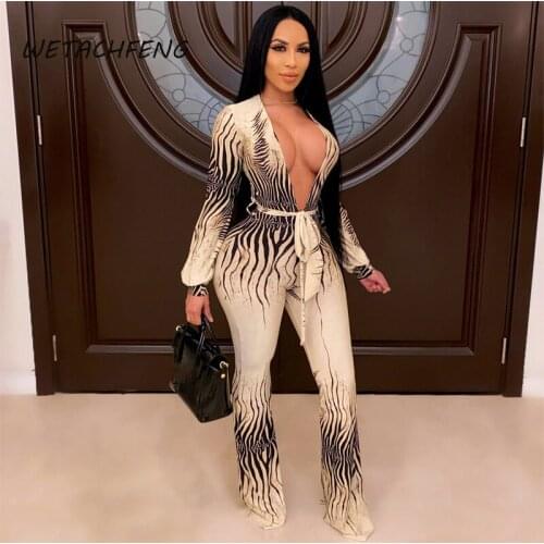 Womens Jumpsuit Sexy Printed Deep V Neck Backless Long Sleeve Bodysuit Skinny Romper 2021 Outfits Overalls For Women Clothing
