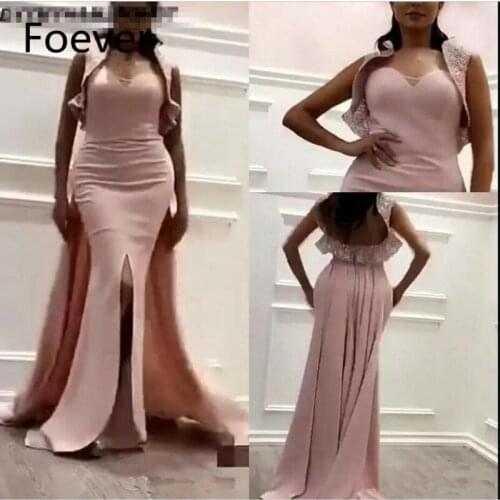 Elegant Pink Satin Mermaid Evening Dresses with Belore 2019 Bling Bling Fabric Wrap Dubai Arabic Occasion Prom Party Gown