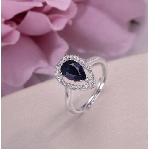Fine Jewelry Rings For Women Real 100% Sterling Silver Sapphire Natural Gemstone Water Drop Blue Classic Adjustable Ring CCRI054